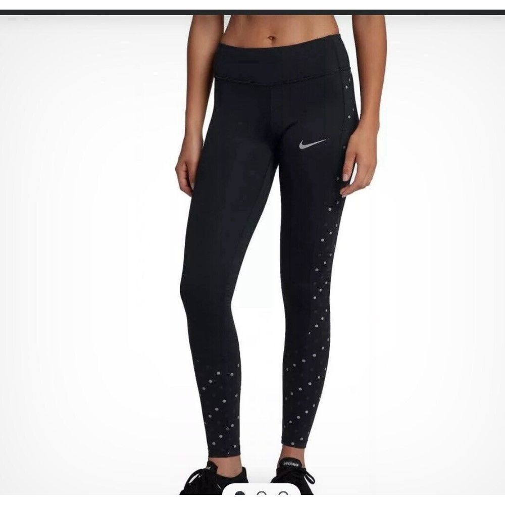 Nike Dri Fit Racer Flash Running‎ Leggings Black Polka Dot Pockets Women Size S